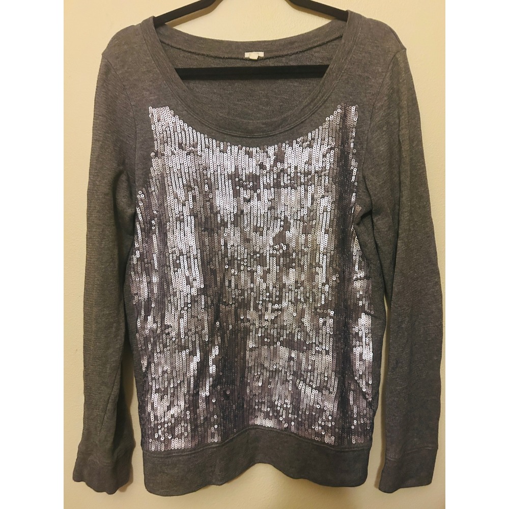 J.Crew Sequin Sweatshirt Women M Gray Excellent Embellished Scoop Neck Pullover